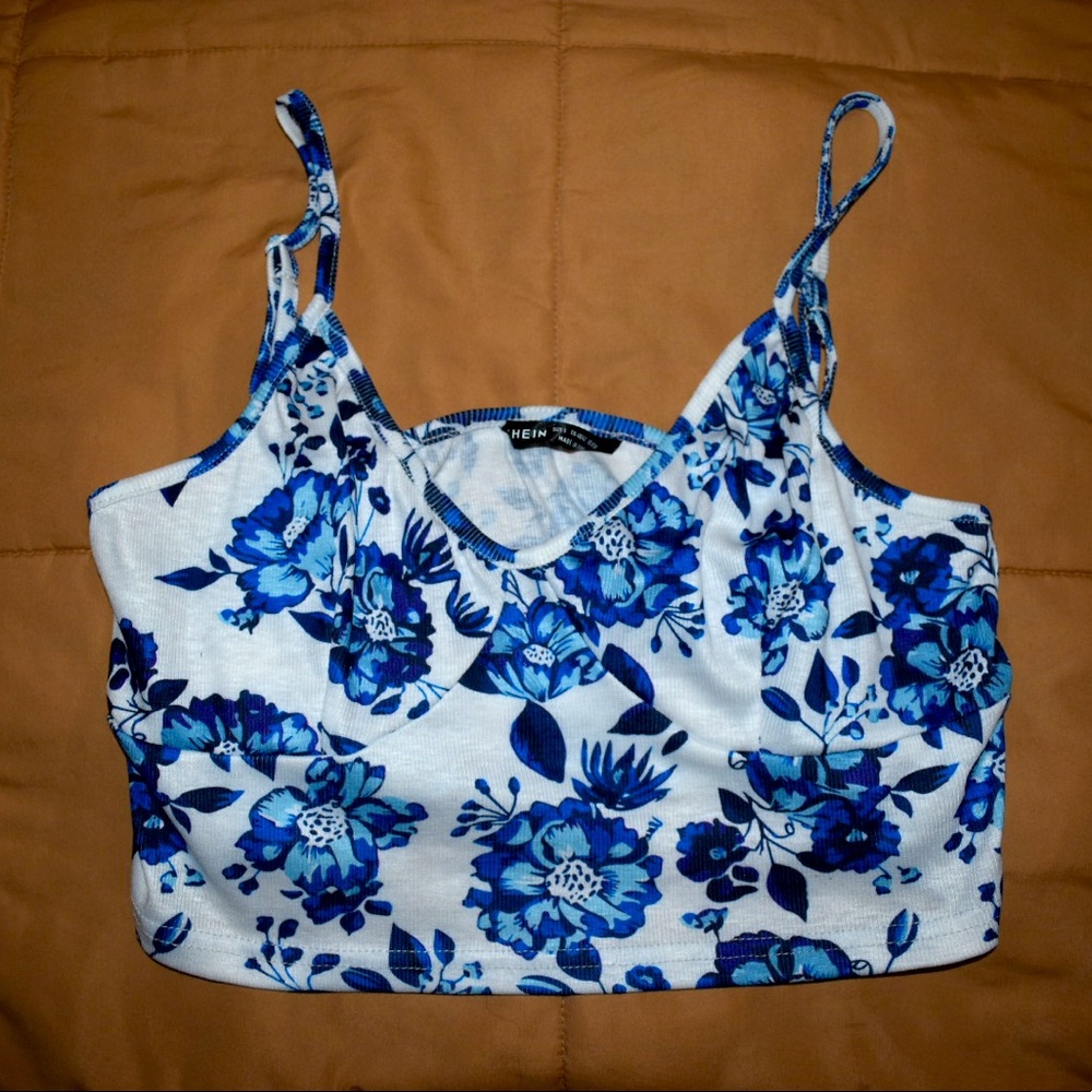 Shein cami tank top, white with blue flowers